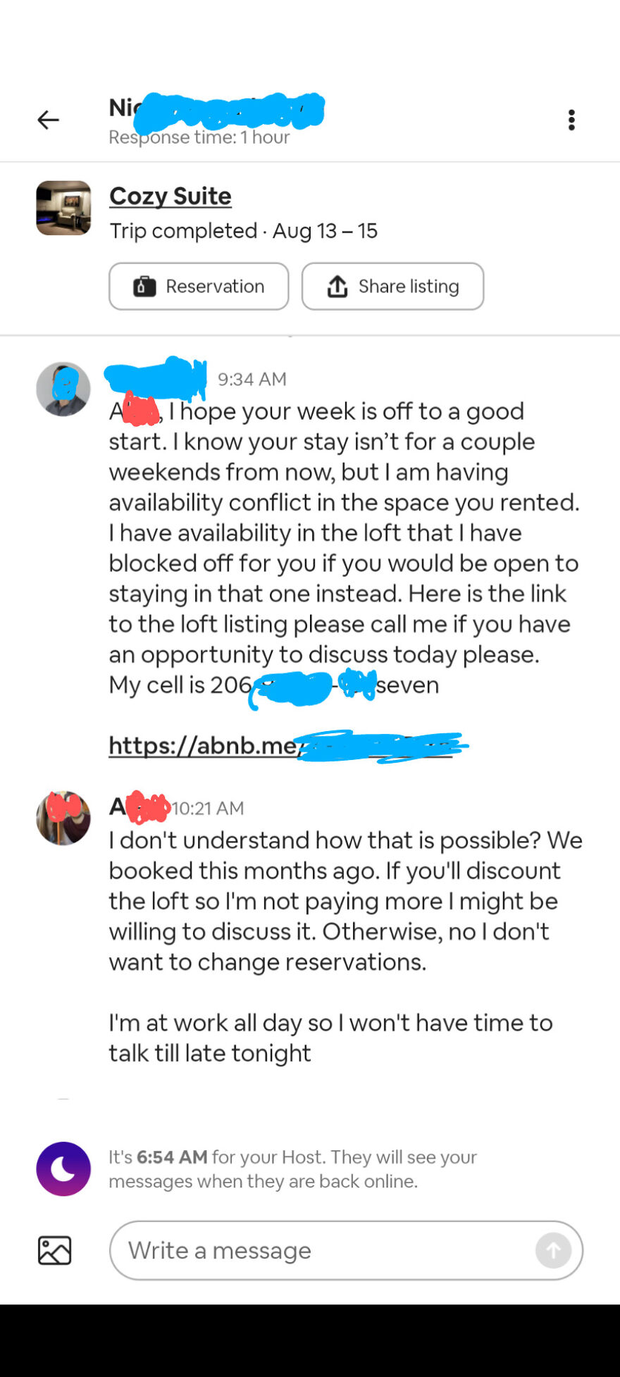 Screenshot of Airbnb message about unexpected reservation change hotel fails
