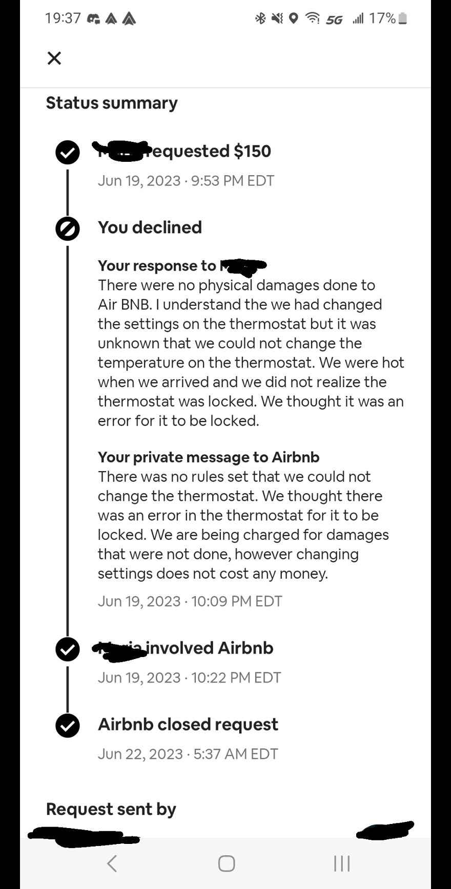 Screenshot of Airbnb damage dispute with thermostat change issue and declined charge