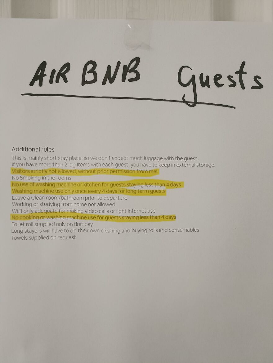 List of Airbnb guest rules highlighting restrictions on guests and appliances