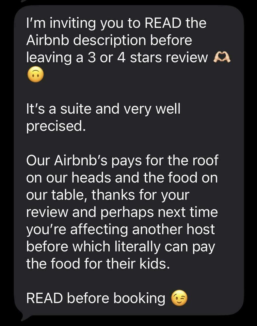 Text message urging to read Airbnb description before leaving review for booking