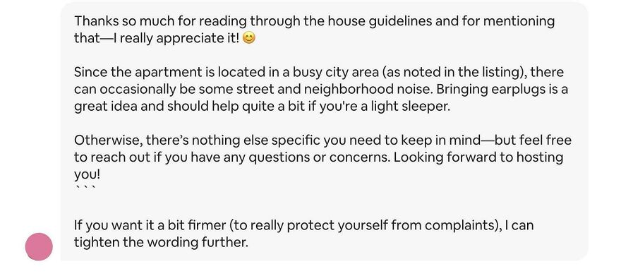 Message from host mentioning noise and house guidelines in Airbnb booking fail