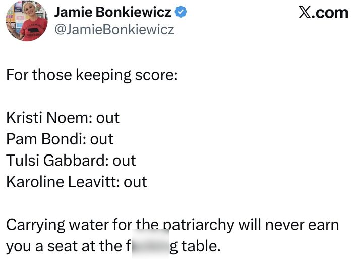 Social media post listing political figures out emphasizes patriarchal challenges in politics