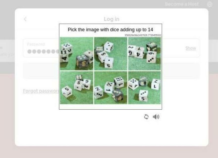 Captcha with confusing dice math puzzle on booking site Airbnb fail