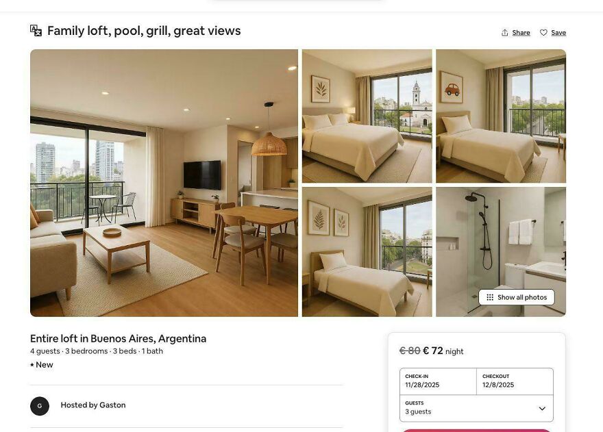 Airbnb listing photos of a modern loft with family amenities and great views in Buenos Aires
