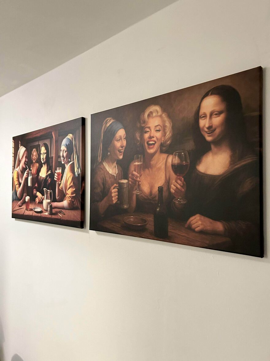 Funny hotel wall art showing famous paintings drinking together