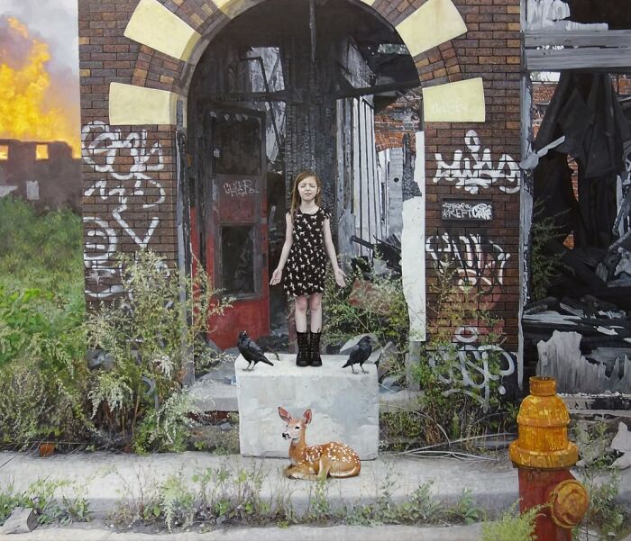 A young girl standing on a block with a deer and ravens, from dystopian paintings by Kevin Peterson.