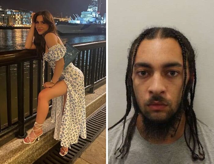 Woman posing by waterfront at night next to mugshot of a man with braids