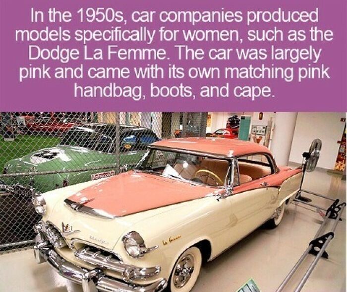 A classic 1950s pink Dodge La Femme car representing interesting facts