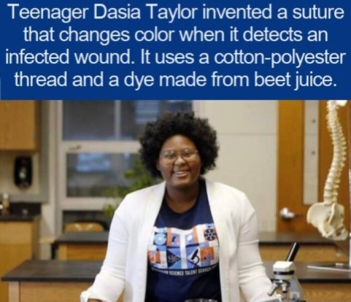 Teenager Dasia Taylor holding a medical suture invention, showing interesting facts.