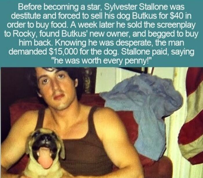 Young Sylvester Stallone holding his dog Butkus, illustrating interesting facts.