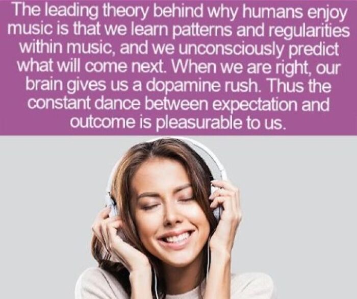 Interesting facts graphic explaining the dopamine science of why we enjoy listening to music