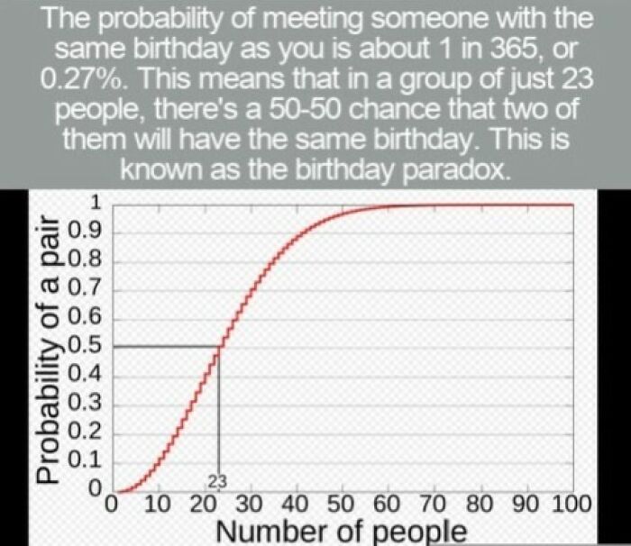 A probability graph demonstrating the birthday paradox as one of many interesting facts