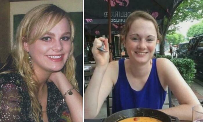 Two young women smiling at restaurant morbid curiosity