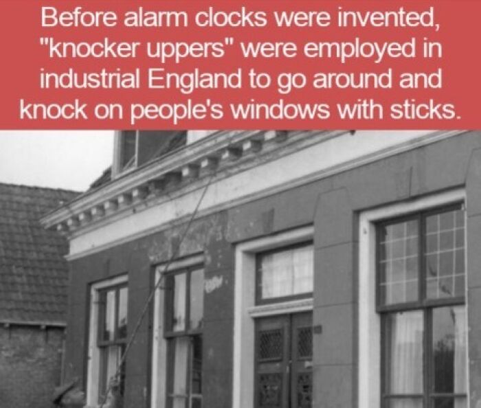 Historical photo of a knocker upper in England waking up people with a long stick with interesting facts.