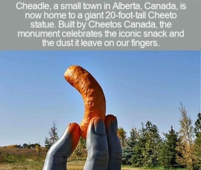 A giant Cheeto statue in Cheadle, Alberta, as one of the interesting facts for quiz night.