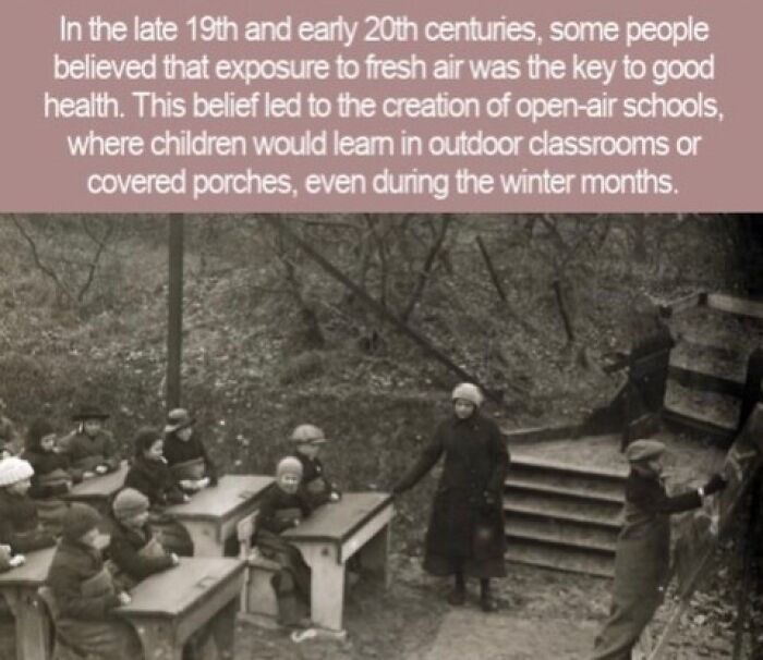 Historical photo of an outdoor classroom in winter, a unique topic for a quiz night fact.