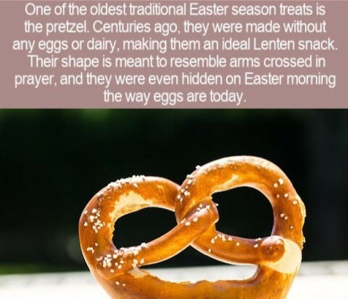 Close-up of a salted pretzel with historical facts about this traditional Easter season treat.