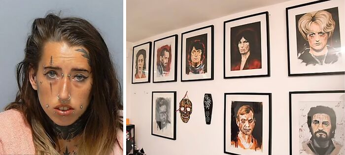 Woman with facial piercings and framed morbid artwork on wall