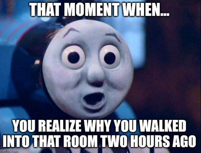 Thomas the Tank Engine looking shocked, representing funny ADHD memes about forgetting why you walked into a room.