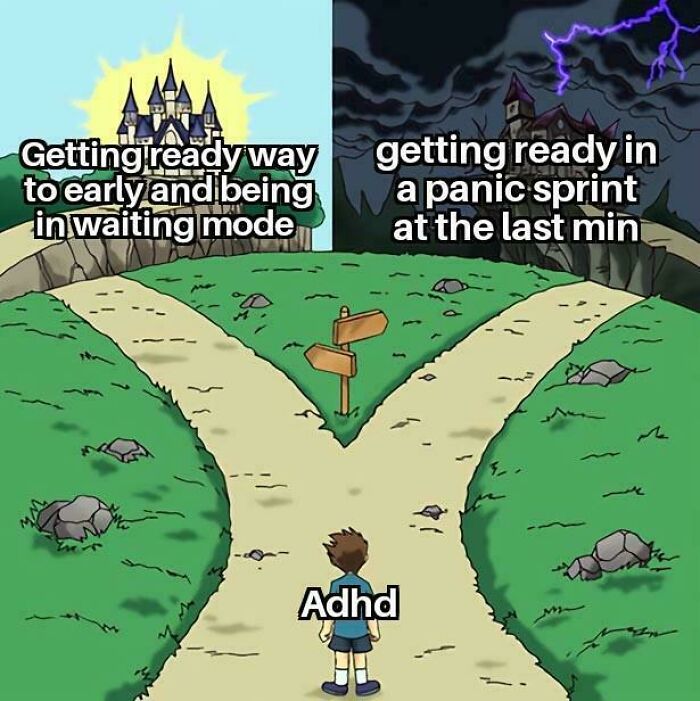 A funny ADHD meme showing the choice between waiting mode or last minute panic
