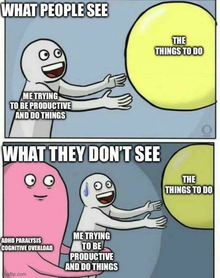 An ADHD meme depicting the struggle of being productive with cognitive overload