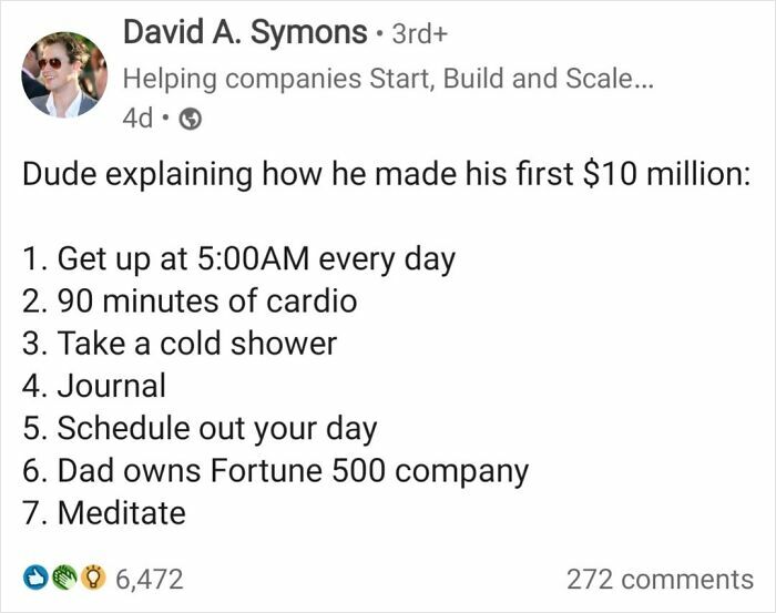 Funny instruction humor explaining how to make first 10 million dollars