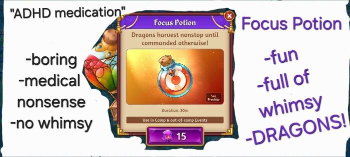 A comparison of ADHD medication to a fantasy focus potion, highlighting relatable funny ADHD memes
