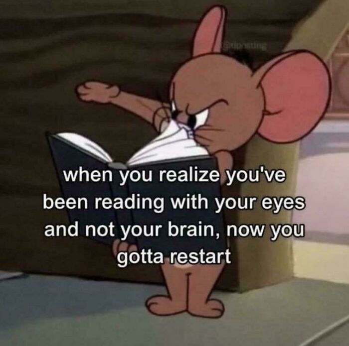 Jerry the mouse looking angry while reading, a funny ADHD memes representation of losing focus.