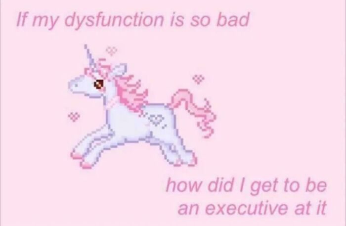 Cute pixel art unicorn meme about executive dysfunction, related to funny ADHD memes.