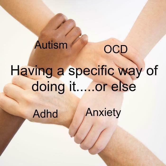 Four hands clasped together representing Autism, OCD, ADHD, and Anxiety needing a specific way of doing things.