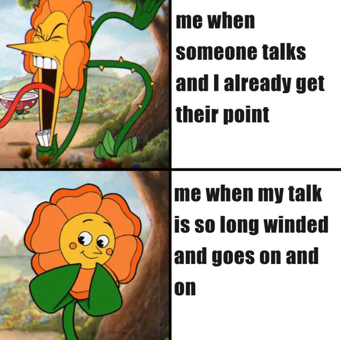 Cuphead flower meme comparing listening to others versus talking in funny ADHD memes.