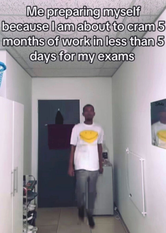 Funny ADHD memes showing a person preparing to cram months of exam study into five days.