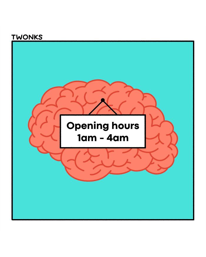 An illustration of a brain with opening hours sign from 1am to 4am, a relatable theme in funny ADHD memes