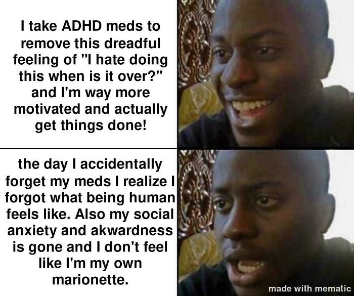 A split reaction meme about taking meds vs forgetting them, from a collection of funny ADHD memes