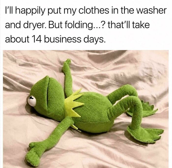 Kermit the Frog lying exhausted on a bed representing funny ADHD memes about delaying folding laundry