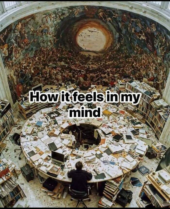 A cluttered room and messy desk representing how it feels in my mind, from funny ADHD memes