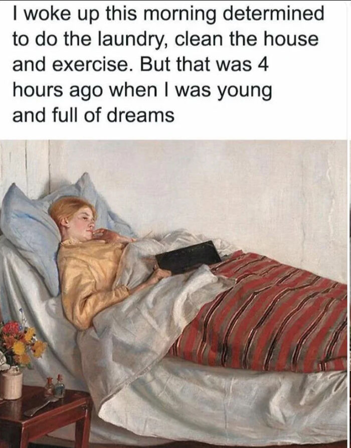 Classic painting of a woman in bed, showing funny ADHD memes about avoiding daily chores