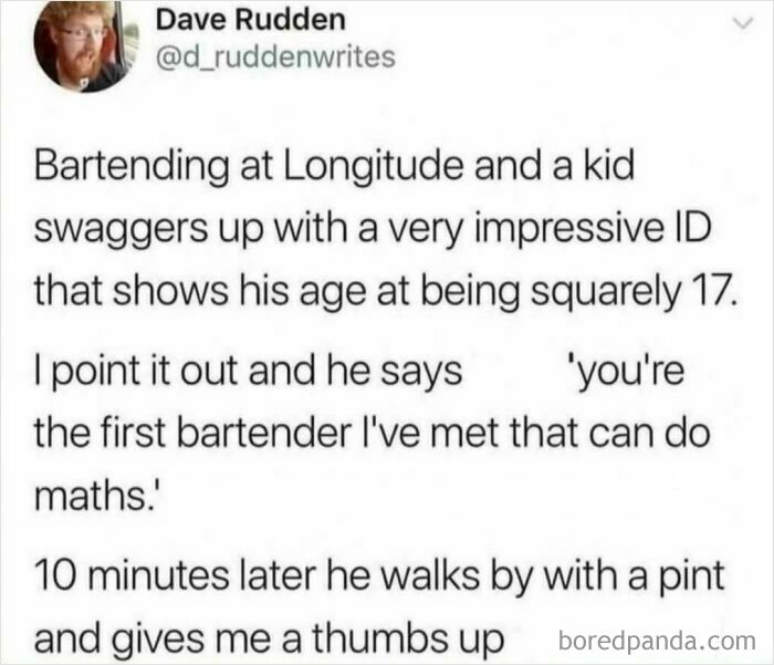 A funny story about a bartender and a seventeen-year-old, highlighted in popular internet comments.