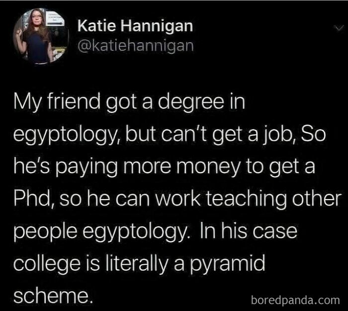 A funny tweet about college and a pyramid scheme, showcasing witty internet comments.