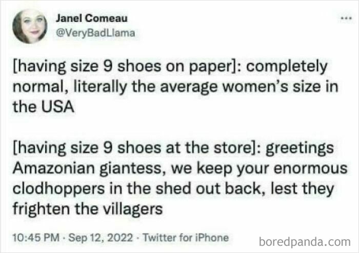 A funny internet comment about the absurdity of women's shoe sizes at the store versus on paper.