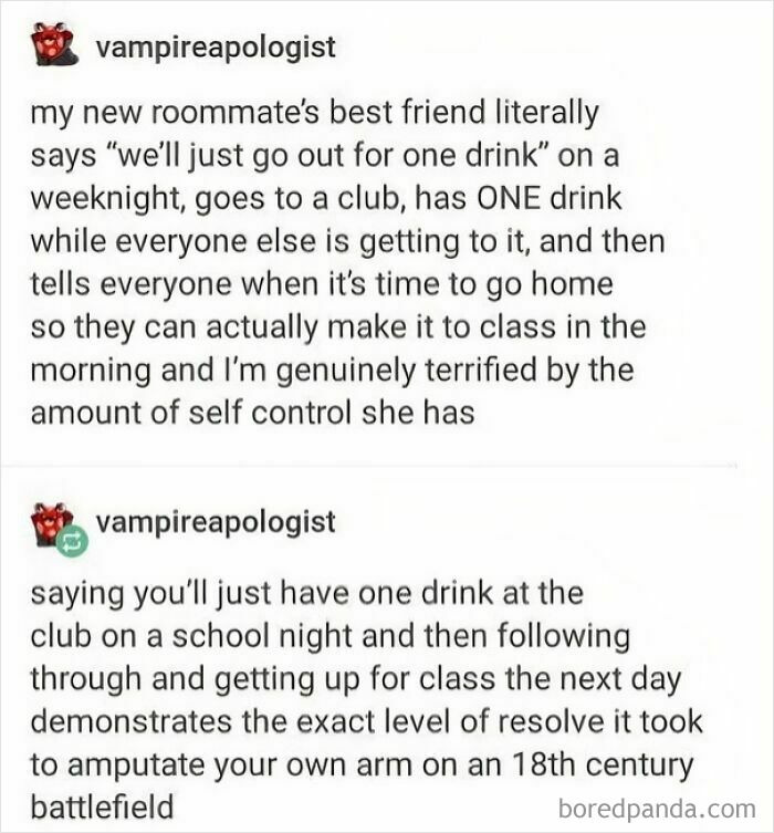 An internet comment comparing high self-control at a club to 18th-century battlefield resolve.