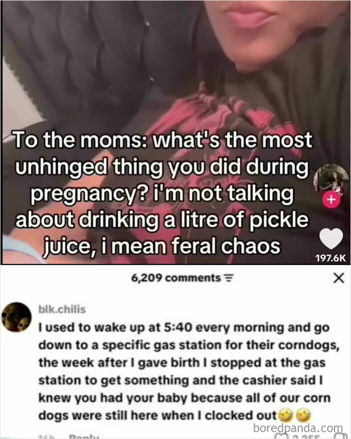 Funny internet comment about unhinged pregnancy cravings involving gas station corn dogs