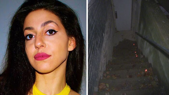 Close-up of a woman and eerie dimly lit basement stairs morbid curiosity