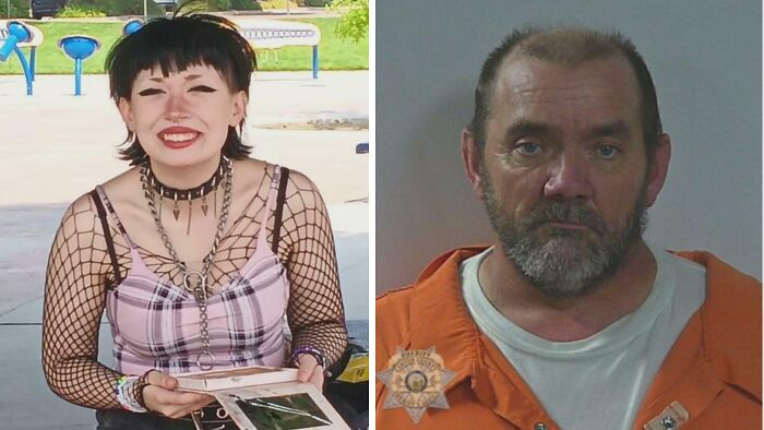 Young woman in fishnet and man in orange prison jumpsuit morbid curiosity