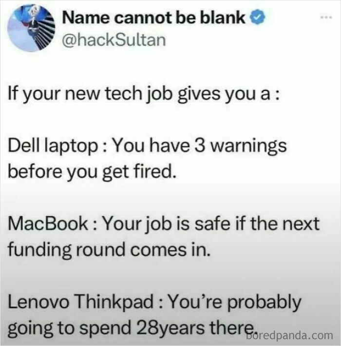 A post on tech jobs and laptop types, featured in a collection of funny internet comments.