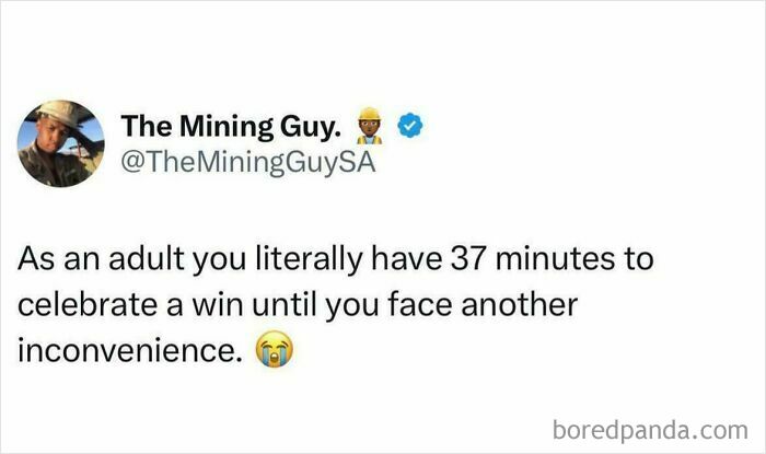 A social media tweet with funny internet comments about adult inconveniences.