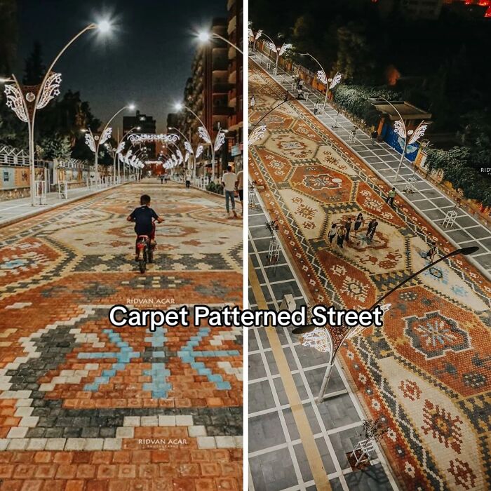 Street paved with carpet pattern creating decorative urban design