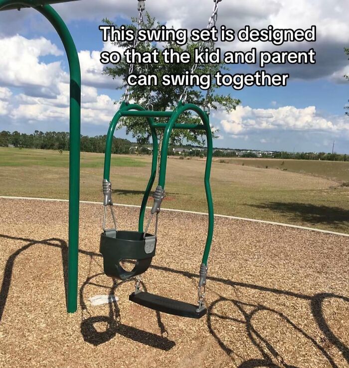 Swing set designed for kid and parent to swing together at playground