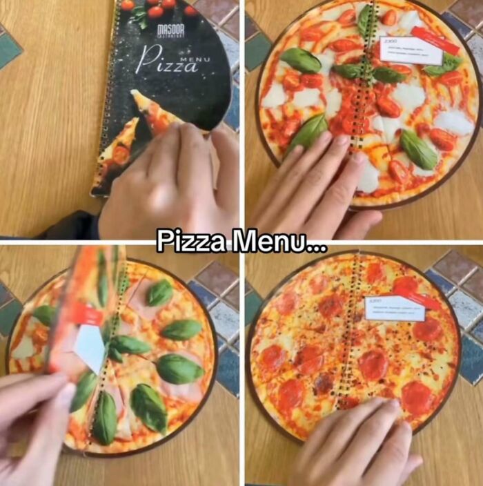 Pizza menu designed as a circular book with realistic pizza slice images