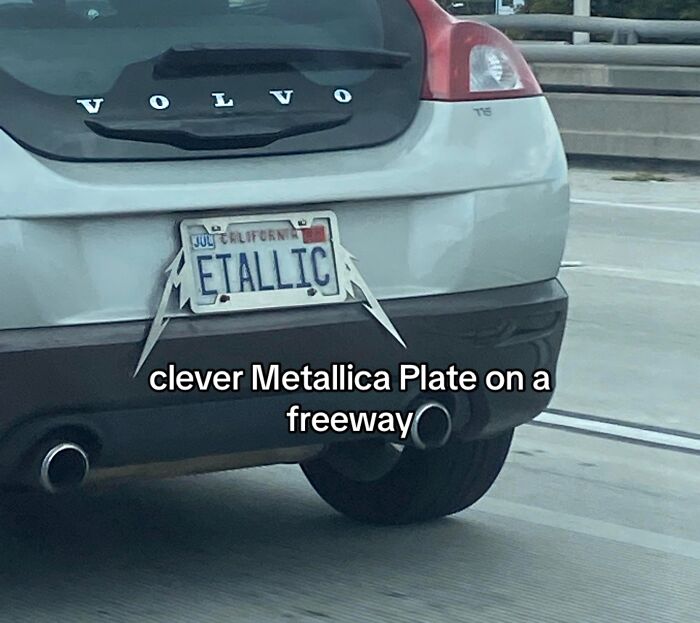 Volvo car with a clever Metallica inspired license plate holder for clever designs